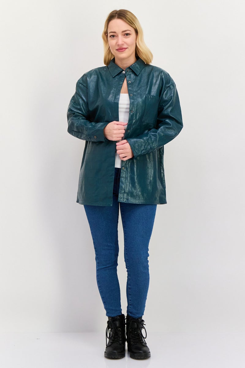 4th & Reckless قميص نسائي بأكمام طويلة وياقة منتشرة، تركواز داكن - Image 4